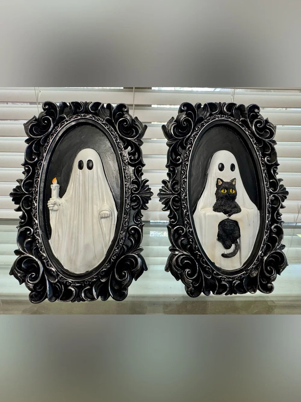 Gothic Ghost Holding Candle Cat 3D Oval Frame Set NWT